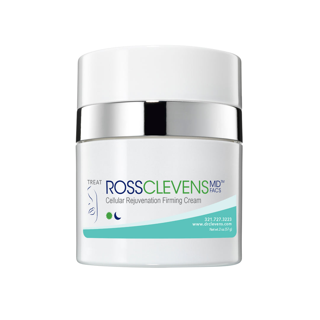 A jar of Ross A Clevens MD FACS Cellular Rejuvenation Firming Cream against a white background.