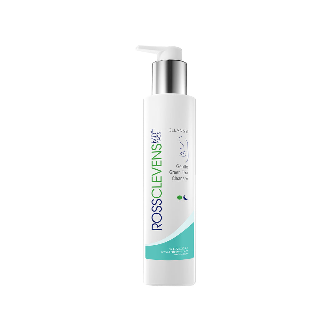 A pump bottle of Clevens Gentle Green Tea Cleanser with white and teal label.