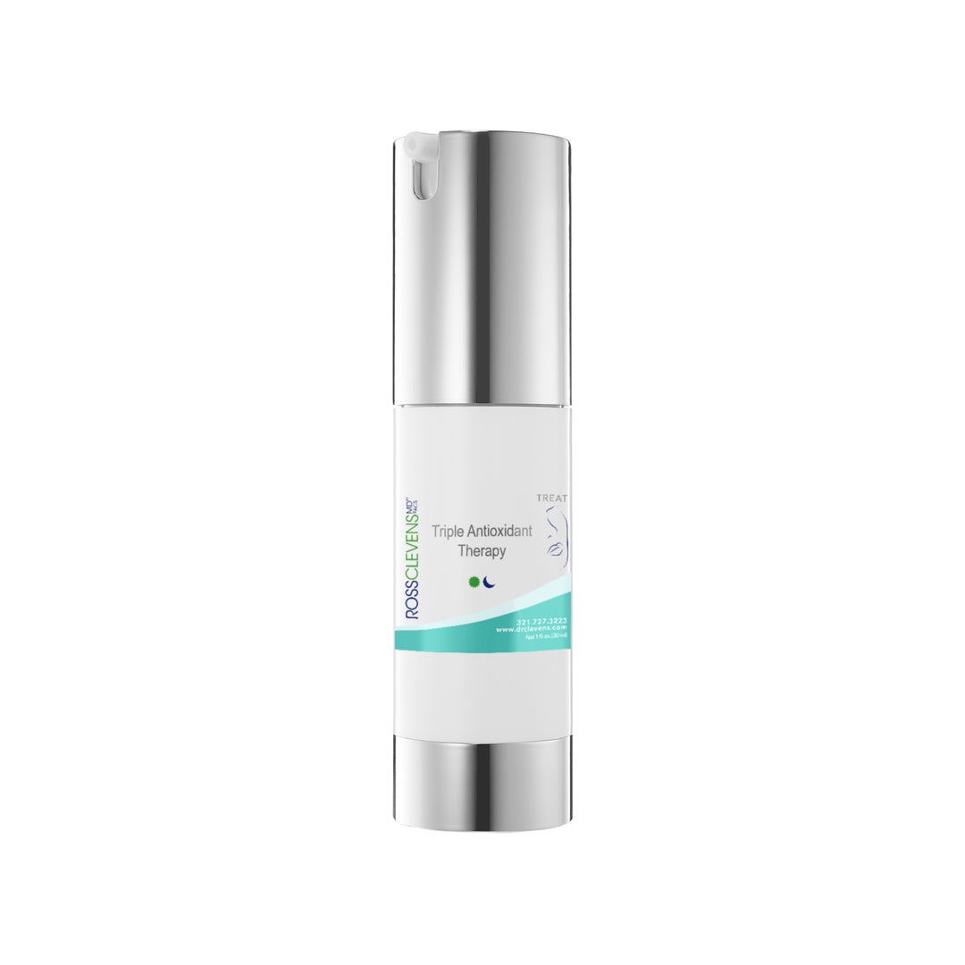 A white cylindrical bottle with a pump dispenser labeled 'Clevens Triple Antioxidant Therapy'.
