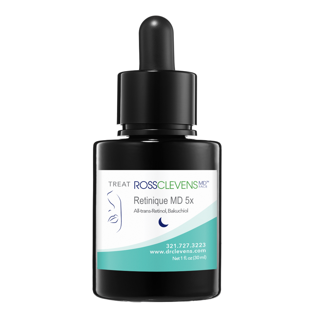 Black dropper bottle of Ross Clevens MD FACS Retinique MD 5X with a white label on a white background